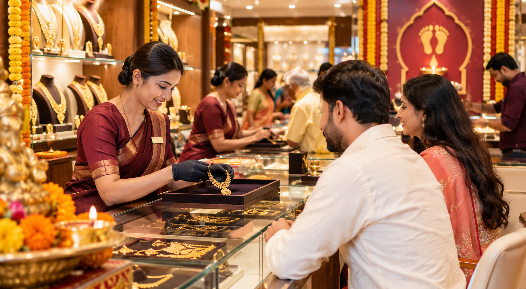 Jewellery showroom decorated for Dhanteras 2026 with customers shopping for gold jewellery and festive decorations