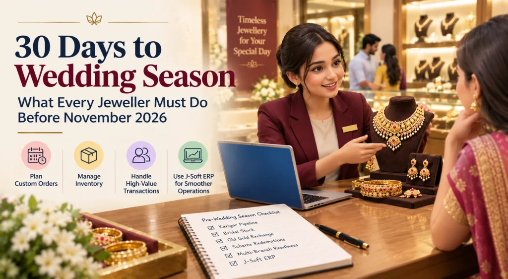 Jewellery showroom consultant showing a bridal gold necklace set to a customer, with a pre-wedding season checklist on the counter